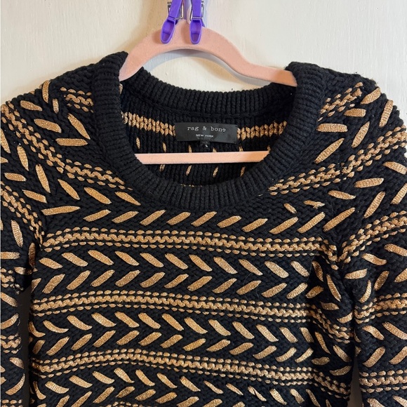 Rag & Bone Metallic Knit Sweater XS | Black Camel Geometric Pattern | Designer - Picture 3 of 9